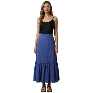 CALYPSO ST BARTH Blue Eyelet Cotton Maxi Skirt Tiered Boho Women Large $315